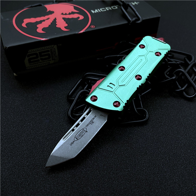 Microtech Mini Bounty Hunter AUTO OTF Knife 1.88" D2 Double Edge Blade, Aviation Aluminum Handles