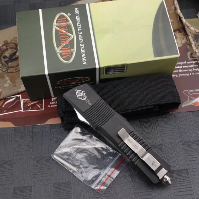 Microtech Combat Troodon Tactical AUTO OTF Knife 3.74" Black D2 Hellhound Blade, Aviation Aluminum Handles