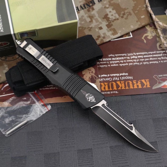 Microtech Combat Troodon Tactical AUTO OTF Knife 3.74" Black D2 Hellhound Blade, Aviation Aluminum Handles
