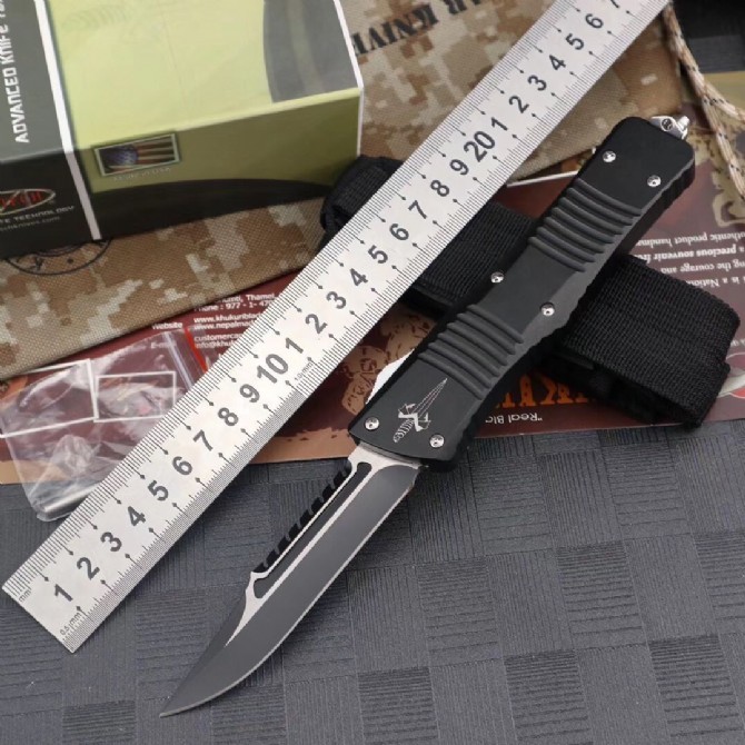 Microtech Combat Troodon Tactical AUTO OTF Knife 3.74" Black D2 Hellhound Blade, Aviation Aluminum Handles