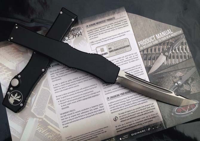 Microtech Customs Marfione Halo V OTF AUTO Knife 4.17" Black ELmax Tanto Blade, Aluminum Alloy Handles