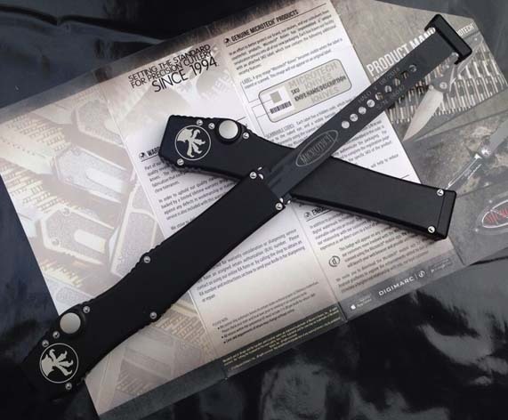 Microtech Customs Marfione Halo V OTF AUTO Knife 4.17" Black ELmax Tanto Blade, Aluminum Alloy Handles