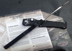 Microtech Customs Marfione Halo V OTF AUTO Knife 4.17" Black ELmax Tanto Blade, Aluminum Alloy Handles