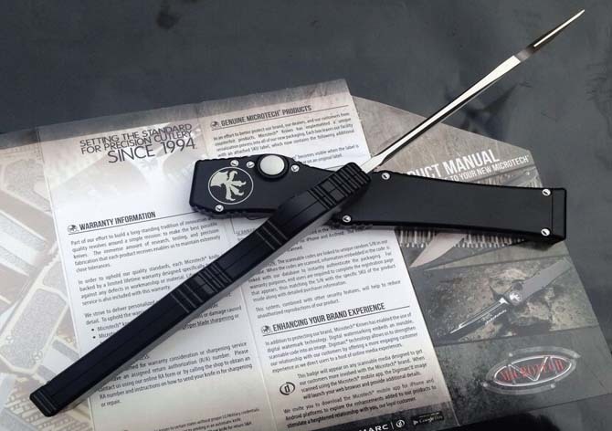 Microtech Customs Marfione Halo V OTF AUTO Knife 4.17" Black ELmax Tanto Blade, Aluminum Alloy Handles