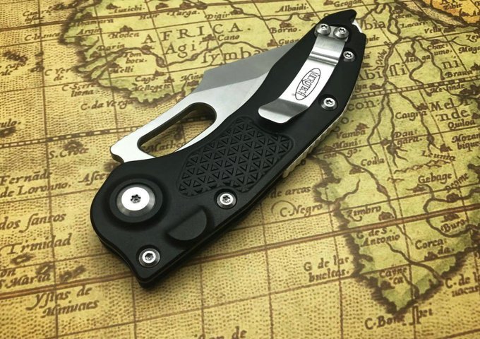 Microtech Borka Blades AUTO Stitch 3.03" M390 Stonewashed Blade, Black Aviation Aluminum Handles