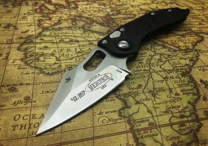 Microtech Borka Blades AUTO Stitch 3.03" M390 Stonewashed Blade, Black Aviation Aluminum Handles