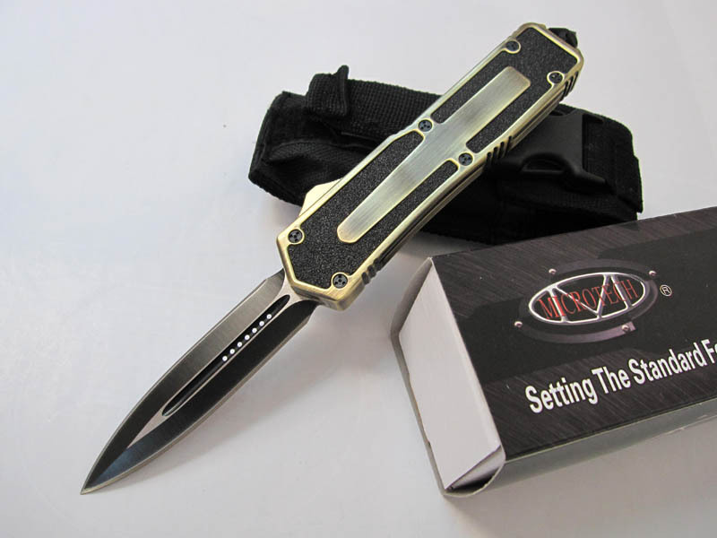 Microtech Scarab D/E OTF AUTO Knife 3.54" 440C Serrated Blade, Black Aluminum Alloy Handles