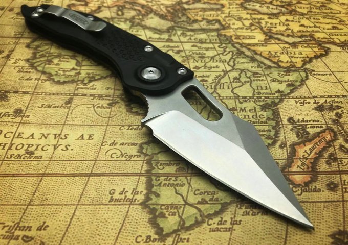 Microtech Borka Blades AUTO Stitch 3.03" M390 Stonewashed Blade, Black Aviation Aluminum Handles