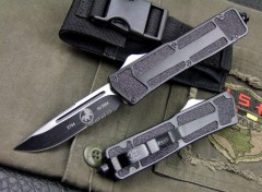 Microtech Scarab D/E OTF AUTO Knife 3.54" 440C Serrated Blade, Black Aluminum Alloy Handles