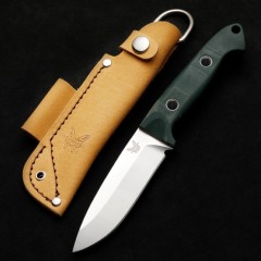 Benchmade Bushcrafter Fixed Blade Knife 4.4" CPM-S30V Satin Drop Point Blade Green G10 Handles Leather Sheath - A162