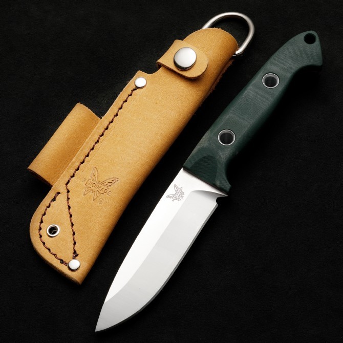 Benchmade Bushcrafter Fixed Blade Knife 4.4" CPM-S30V Satin Drop Point Blade Green G10 Handles Leather Sheath - A162