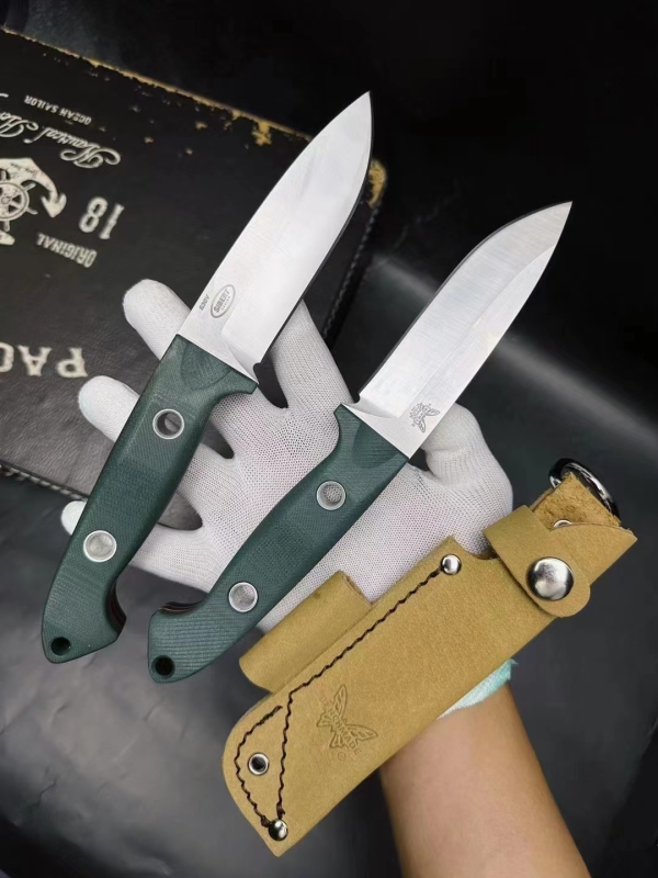 Benchmade Bushcrafter Fixed Blade Knife 4.4" CPM-S30V Satin Drop Point Blade Green G10 Handles Leather Sheath - A162
