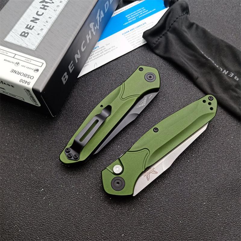 Benchmade 9400 Osborne AUTO Folding Knife 3.26" S30V Satin Plain Blade, Green Aluminum Handles