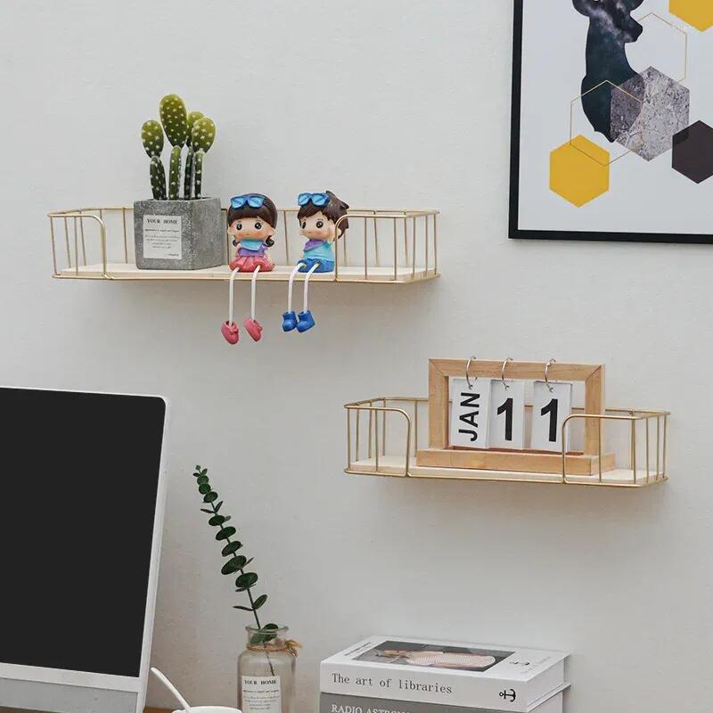 Decorative Plates Wall Mounted Floating Fence Gold Shelves With Wooden Floor For Simplicity Storage And Display Household Items