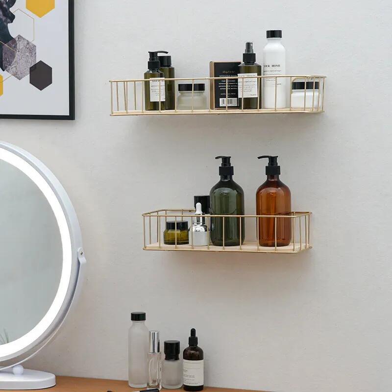 Decorative Plates Wall Mounted Floating Fence Gold Shelves With Wooden Floor For Simplicity Storage And Display Household Items