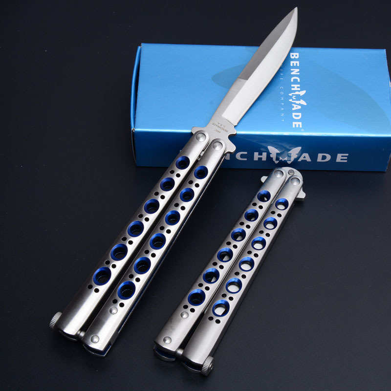Benchmade Balisong Butterfly Folding Knife 3.74" 440C Plain Blade, Blue Hole Stainless steel Handles - BM42