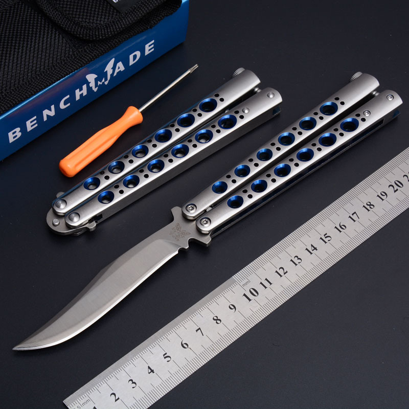 Benchmade Balisong Butterfly Folding Knife 3.74" 440C Plain Blade, Blue Hole Stainless steel Handles - BM43