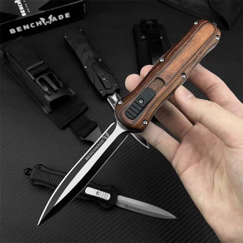 Benchmade 3300 Infidel Dagger AUTO OTF Knife 3.81" D2 Black Double Edge Blade, Wood Handles-A016