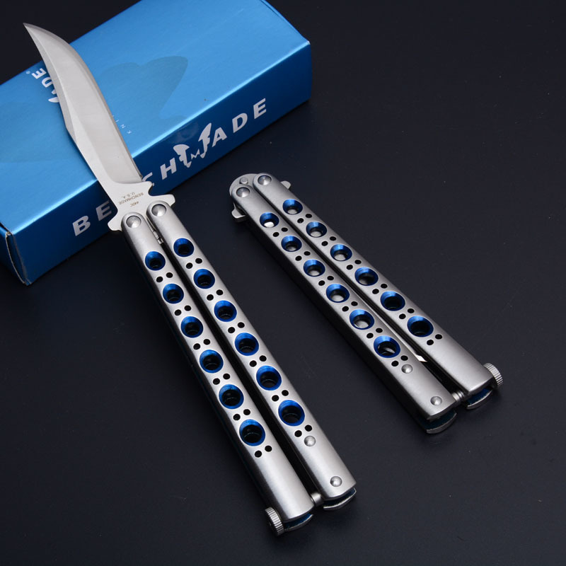 Benchmade Balisong Butterfly Folding Knife 3.74" 440C Plain Blade, Blue Hole Stainless steel Handles - BM43