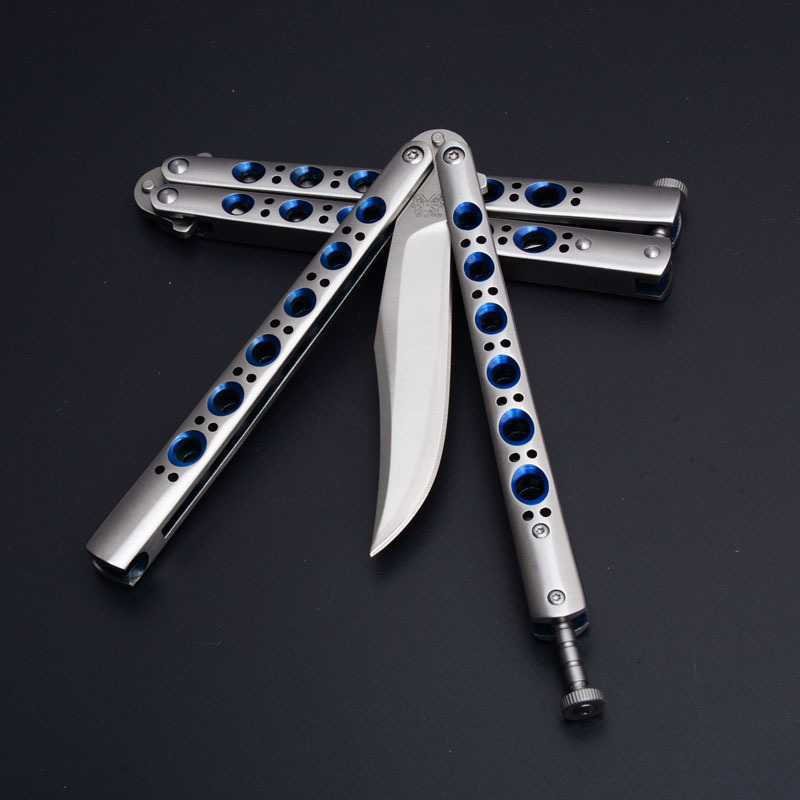 Benchmade Balisong Butterfly Folding Knife 3.74" 440C Plain Blade, Blue Hole Stainless steel Handles - BM43