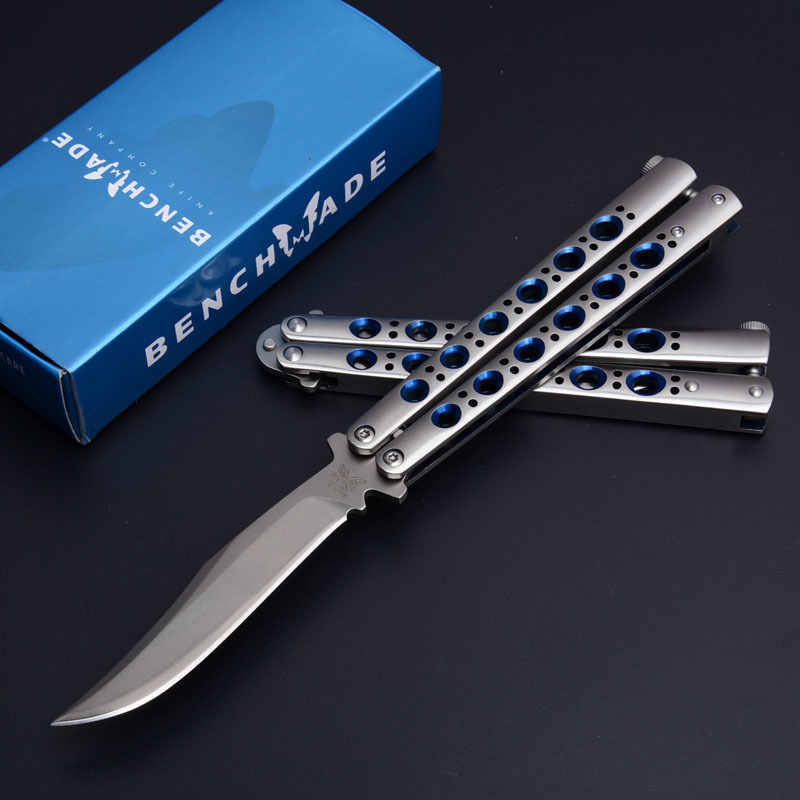 Benchmade Balisong Butterfly Folding Knife 3.74" 440C Plain Blade, Blue Hole Stainless steel Handles - BM42