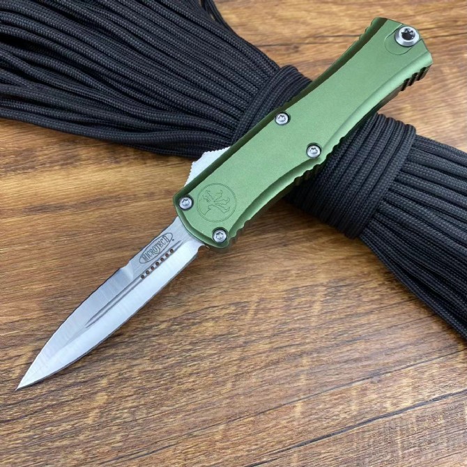 Microtech Hera OTF AUTO Knife 2.79" D2 Double Edge Serrated Blade, Aviation Aluminum Handles