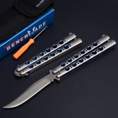 Benchmade Balisong Butterfly Folding Knife 3.74" 440C Plain Blade, Blue Hole Stainless steel Handles - BM43