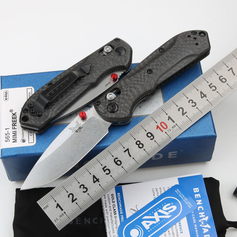 Benchmade Mini Freek Folding Knife 2.95" S90V Satin Plain Blade, Carbon Fiber Handles - 565-1