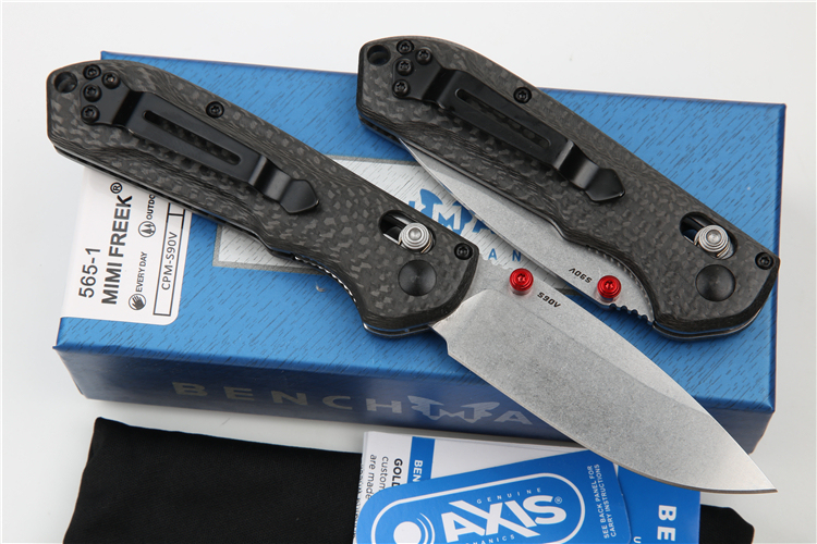 Benchmade Mini Freek Folding Knife 2.95" S90V Satin Plain Blade, Carbon Fiber Handles - 565-1