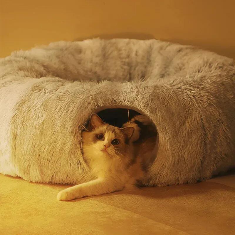 Cat Beds Furniture Plush Pets Cat Kennel Gray Foldable Round Cats Nest Crossing Tunnel Bed Winter Warm Collapsible Basket Cushion Mat Pet Supplies