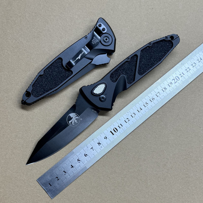 Microtech Delta AUTO Folding Knife 3.85" VG10 Blade, Black Aviation Aluminum Handles