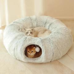 Cat Beds Furniture Plush Pets Cat Kennel Gray Foldable Round Cats Nest Crossing Tunnel Bed Winter Warm Collapsible Basket Cushion Mat Pet Supplies
