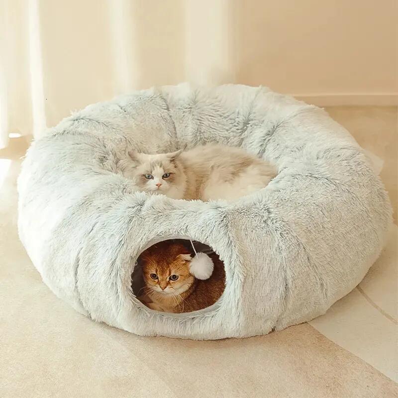 Cat Beds Furniture Plush Pets Cat Kennel Gray Foldable Round Cats Nest Crossing Tunnel Bed Winter Warm Collapsible Basket Cushion Mat Pet Supplies