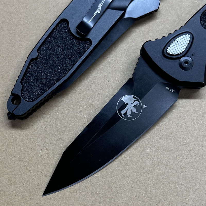 Microtech Delta AUTO Folding Knife 3.85" VG10 Blade, Black Aviation Aluminum Handles