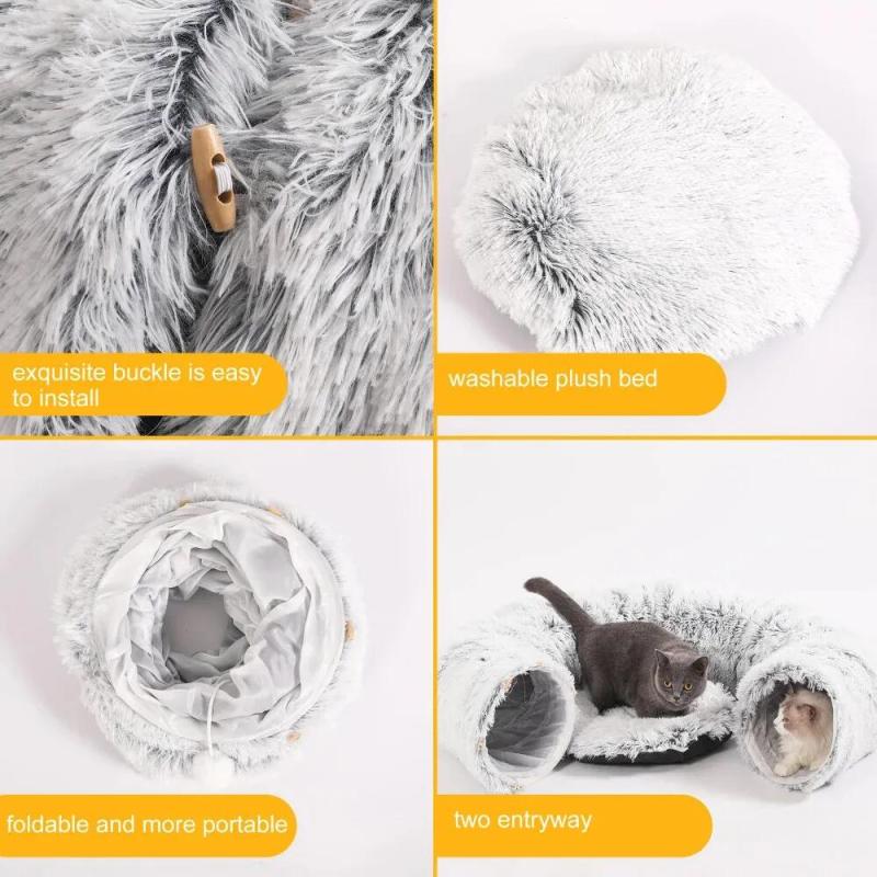Cat Beds Furniture Plush Pets Cat Kennel Gray Foldable Round Cats Nest Crossing Tunnel Bed Winter Warm Collapsible Basket Cushion Mat Pet Supplies