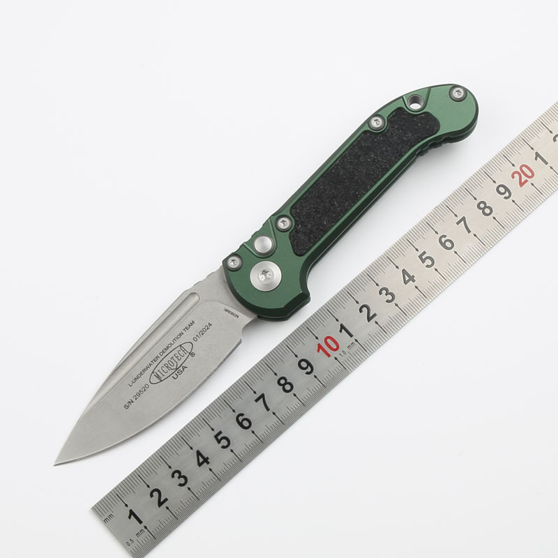 Microtech LUDT Gen III AUTO Folding Knife 3.22" M390MK Stonewashed Plain Blade, Black Aviation Aluminum Handles