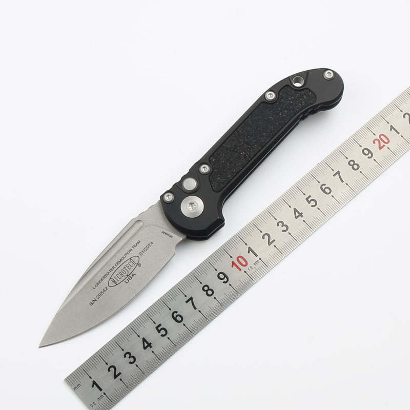 Microtech LUDT Gen III AUTO Folding Knife 3.22" M390MK Stonewashed Plain Blade, Black Aviation Aluminum Handles