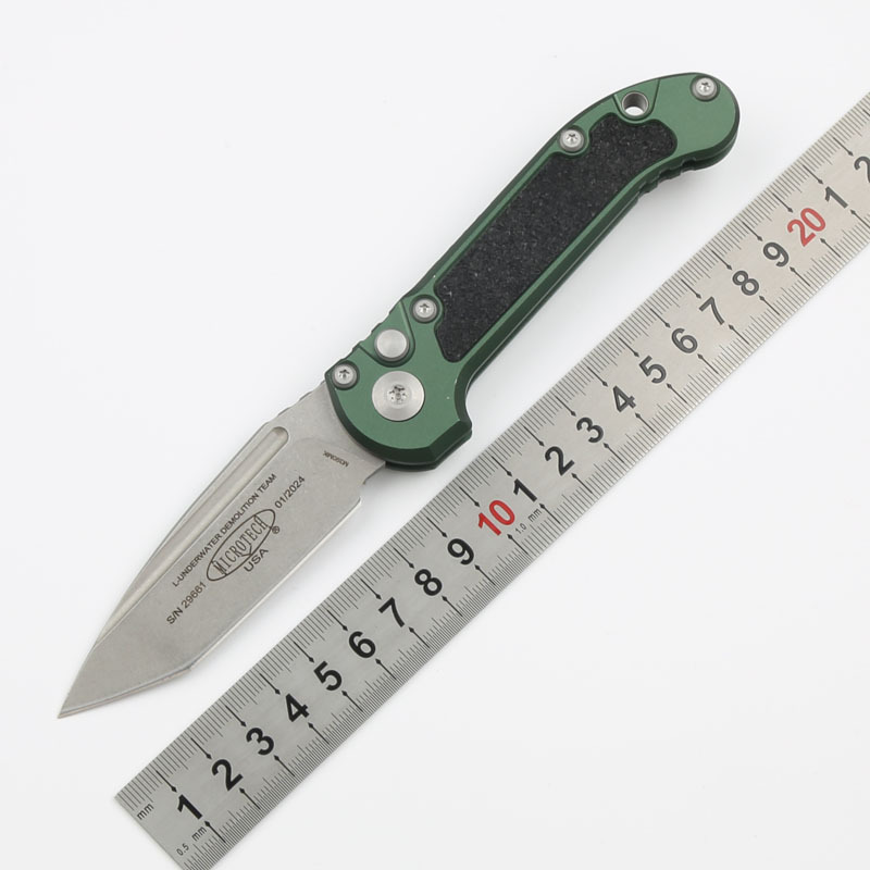 Microtech LUDT Gen III AUTO Folding Knife 3.22" M390MK Stonewashed Tanto Plain Blade, Black Aviation Aluminum Handles