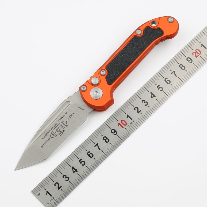 Microtech LUDT Gen III AUTO Folding Knife 3.22" M390MK Stonewashed Tanto Plain Blade, Black Aviation Aluminum Handles