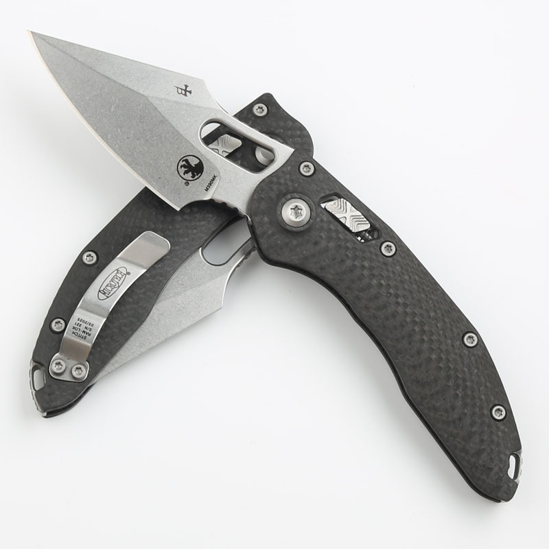 Microtech Stitch-Ramloc AUTO Folding Knife 3.54" M390MK Stonewashed Blade, Carbon Fiber Handles