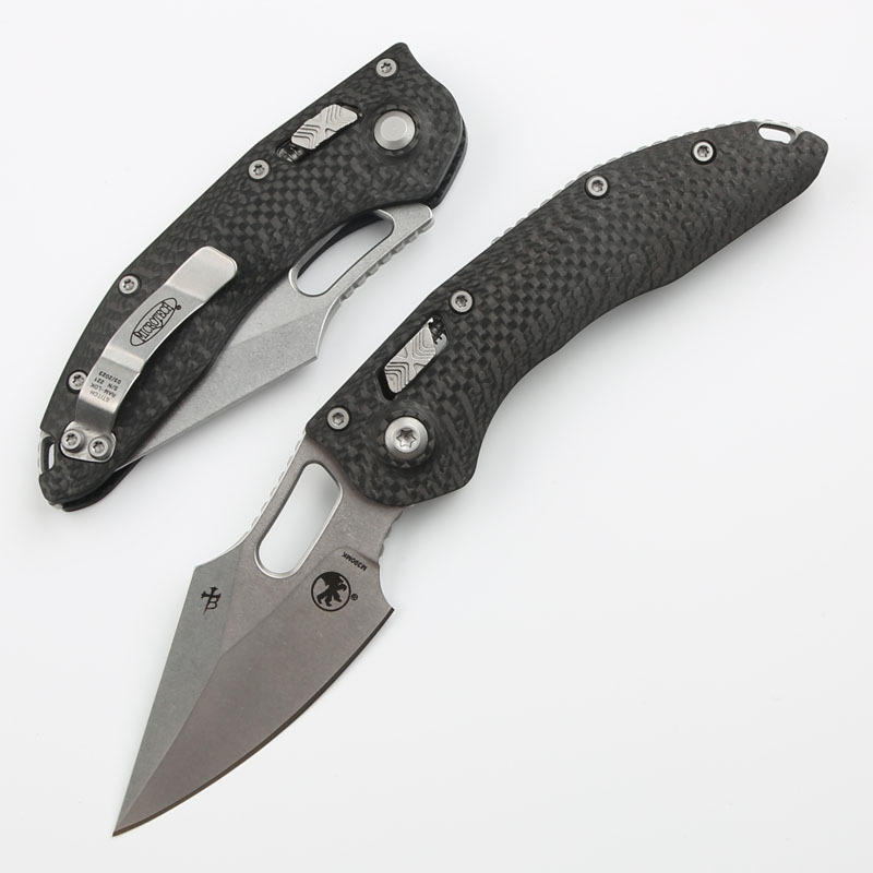 Microtech Stitch-Ramloc AUTO Folding Knife 3.54" M390MK Stonewashed Blade, Carbon Fiber Handles