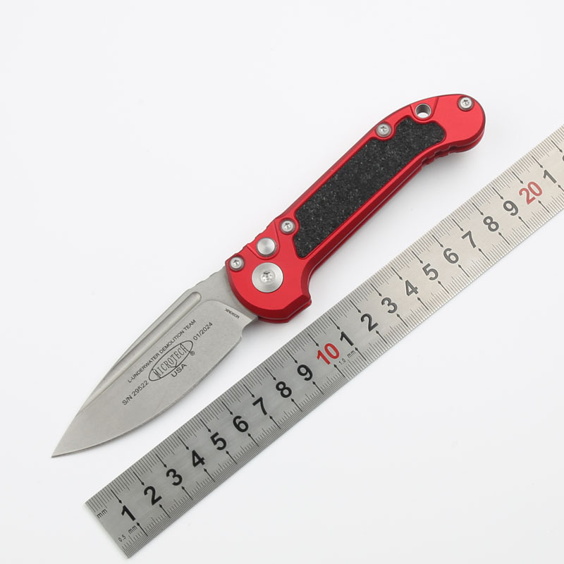 Microtech LUDT Gen III AUTO Folding Knife 3.22" M390MK Stonewashed Plain Blade, Black Aviation Aluminum Handles