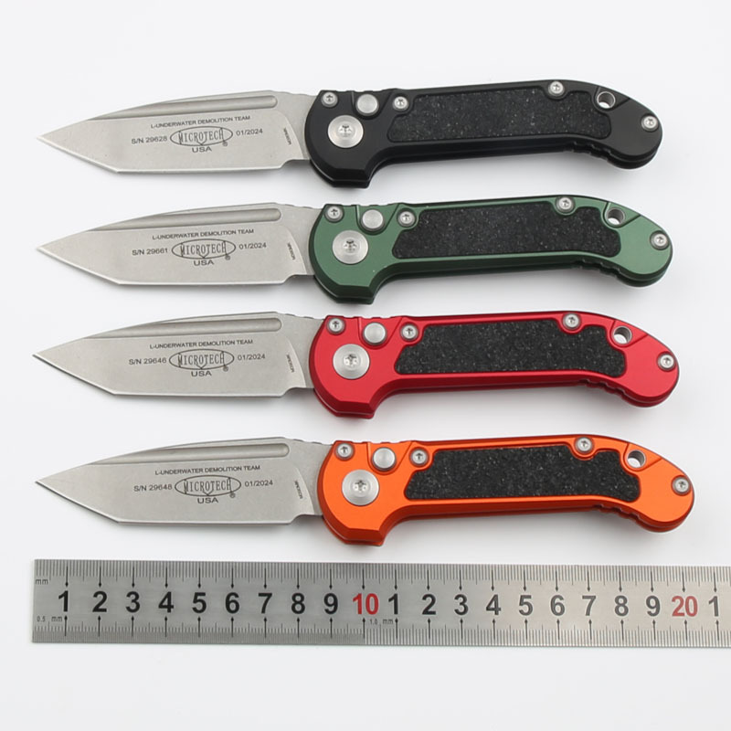 Microtech LUDT Gen III AUTO Folding Knife 3.22" M390MK Stonewashed Tanto Plain Blade, Black Aviation Aluminum Handles