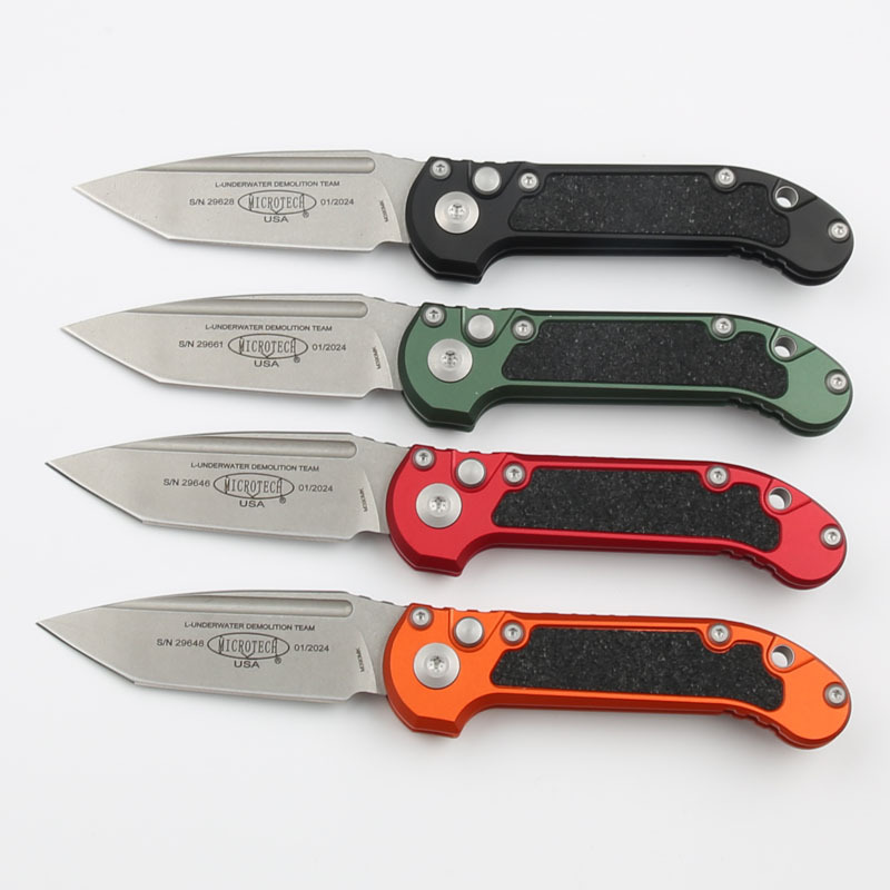 Microtech LUDT Gen III AUTO Folding Knife 3.22" M390MK Stonewashed Plain Blade, Black Aviation Aluminum Handles