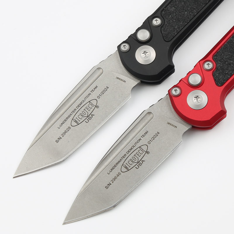 Microtech LUDT Gen III AUTO Folding Knife 3.22" M390MK Stonewashed Tanto Plain Blade, Black Aviation Aluminum Handles