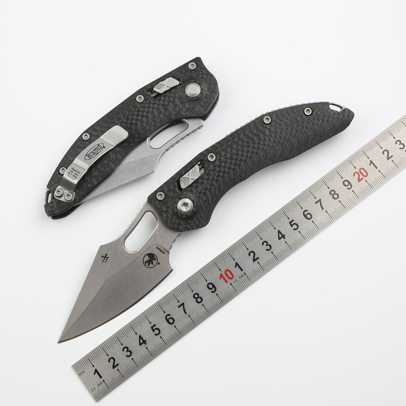 Microtech Stitch-Ramloc AUTO Folding Knife 3.54" M390MK Stonewashed Blade, Carbon Fiber Handles