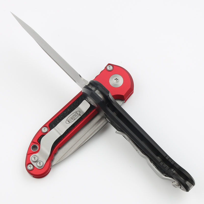 Microtech LUDT Gen III AUTO Folding Knife 3.22" M390MK Stonewashed Tanto Plain Blade, Black Aviation Aluminum Handles