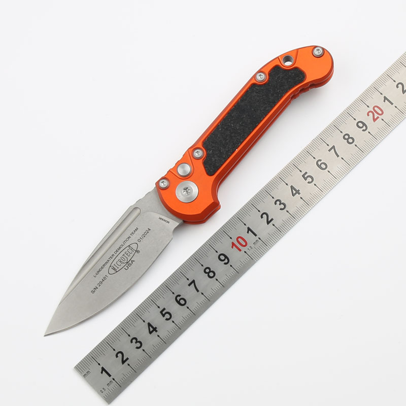 Microtech LUDT Gen III AUTO Folding Knife 3.22" M390MK Stonewashed Plain Blade, Black Aviation Aluminum Handles