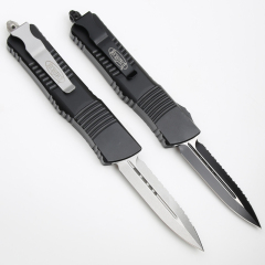 Microtech Troodon AUTO OTF Knife 3.74" M390 Double Combo Edge Dagger Blade, Black Aluminum Handles