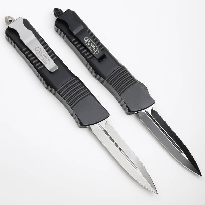 Microtech Troodon AUTO OTF Knife 3.74" M390 Double Combo Edge Dagger Blade, Black Aluminum Handles